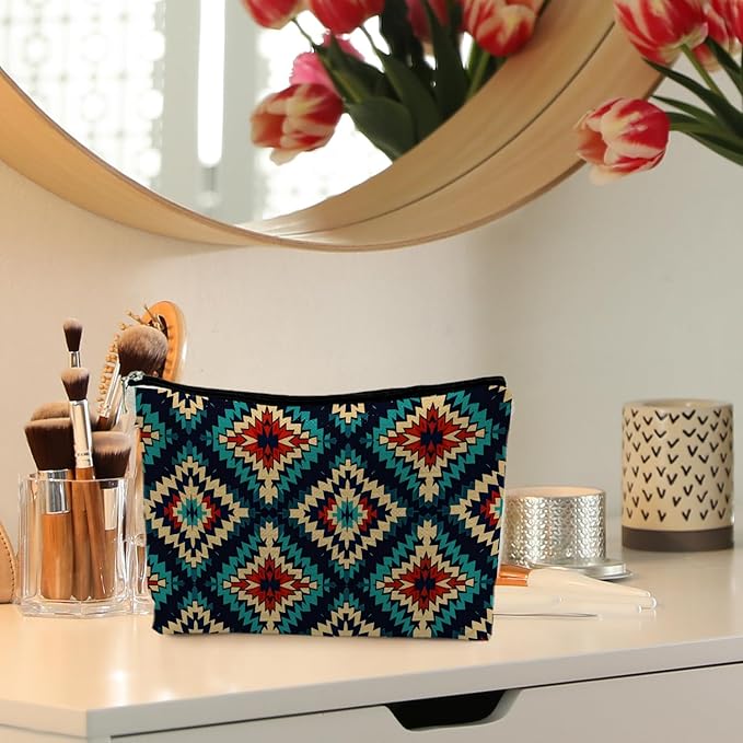 Boho Aztec Makeup Bag, Ethnic Southwestern Navajo Tribal Cosmetic Bag for Women, Western Gifts and Accessories