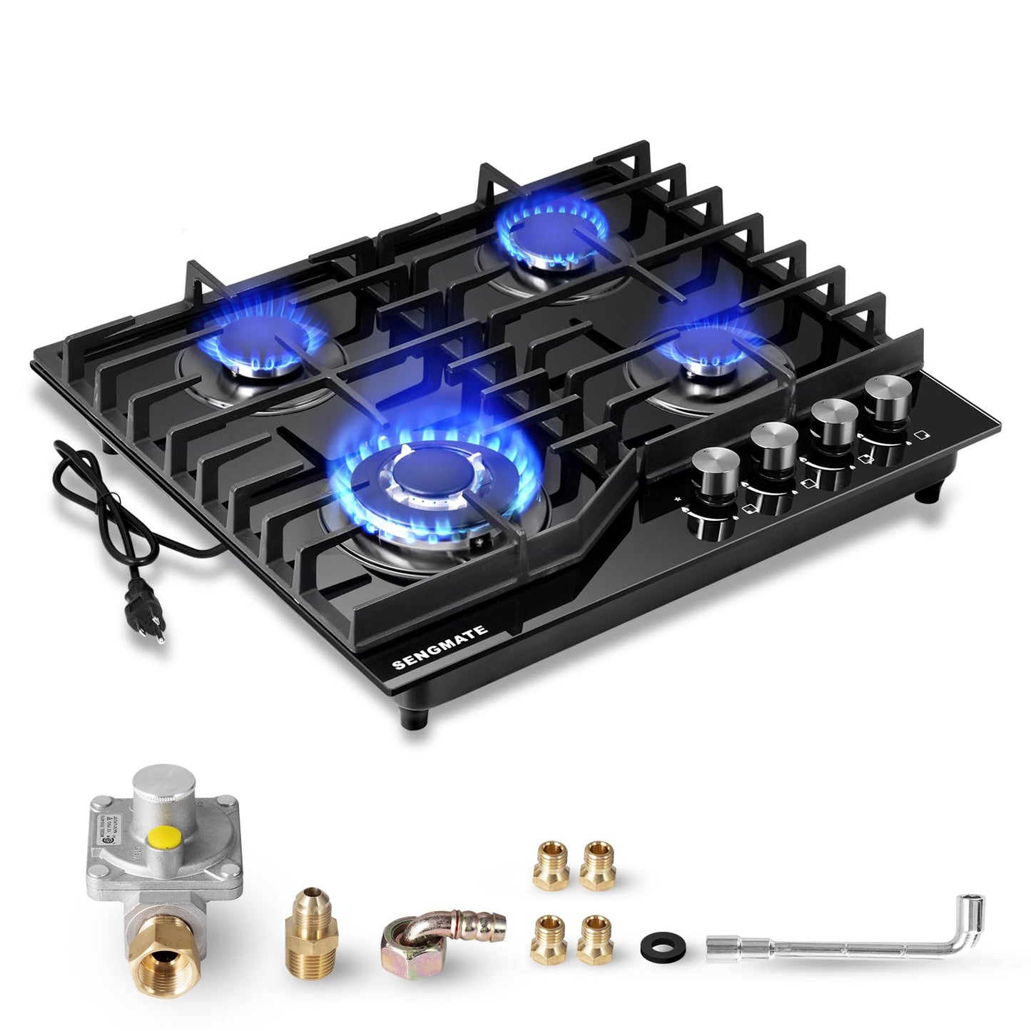 SENGMATE 24 Inch Gas Cooktop, 4 Burner Gas Stove Top, Built-In or Countertop Design, Black Tempered Glass, NG/LPG Convertible, Flame Failure Protection, Ideal for Home Kitchens, RVs & Compact Spaces