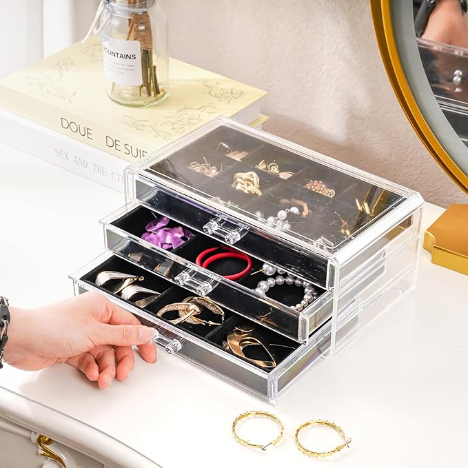 ProCase Earring Holder Organizer Jewelry Box with 3 Drawers, Acrylic Clear Earring Case with Adjustable Velvet Trays for Women - Black, 3 Layers