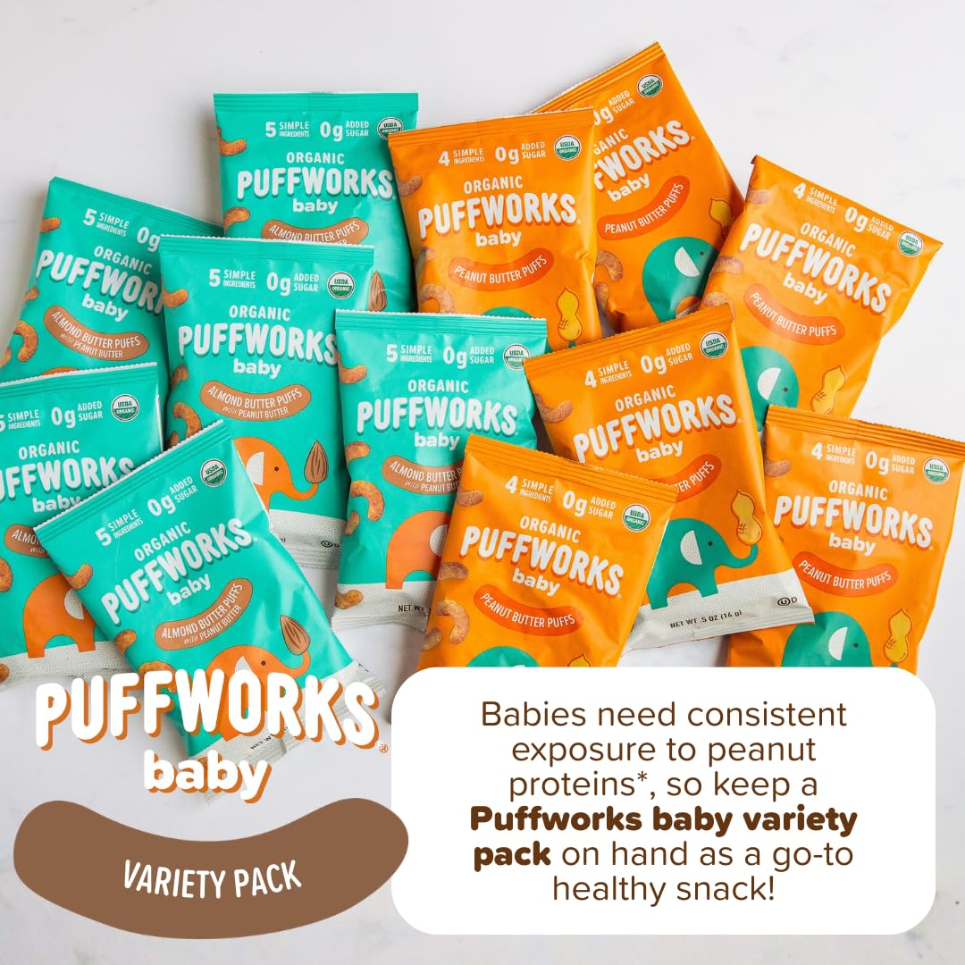 Puffworks Baby Peanut and Almond Variety Pack, Perfect for Early Peanut Introduction, Plant Protein, USDA Organic, No Added Sugar, Gluten-Free, Vegan, Non-GMO, Kosher, 1.0 Ounce (Pack of 6)