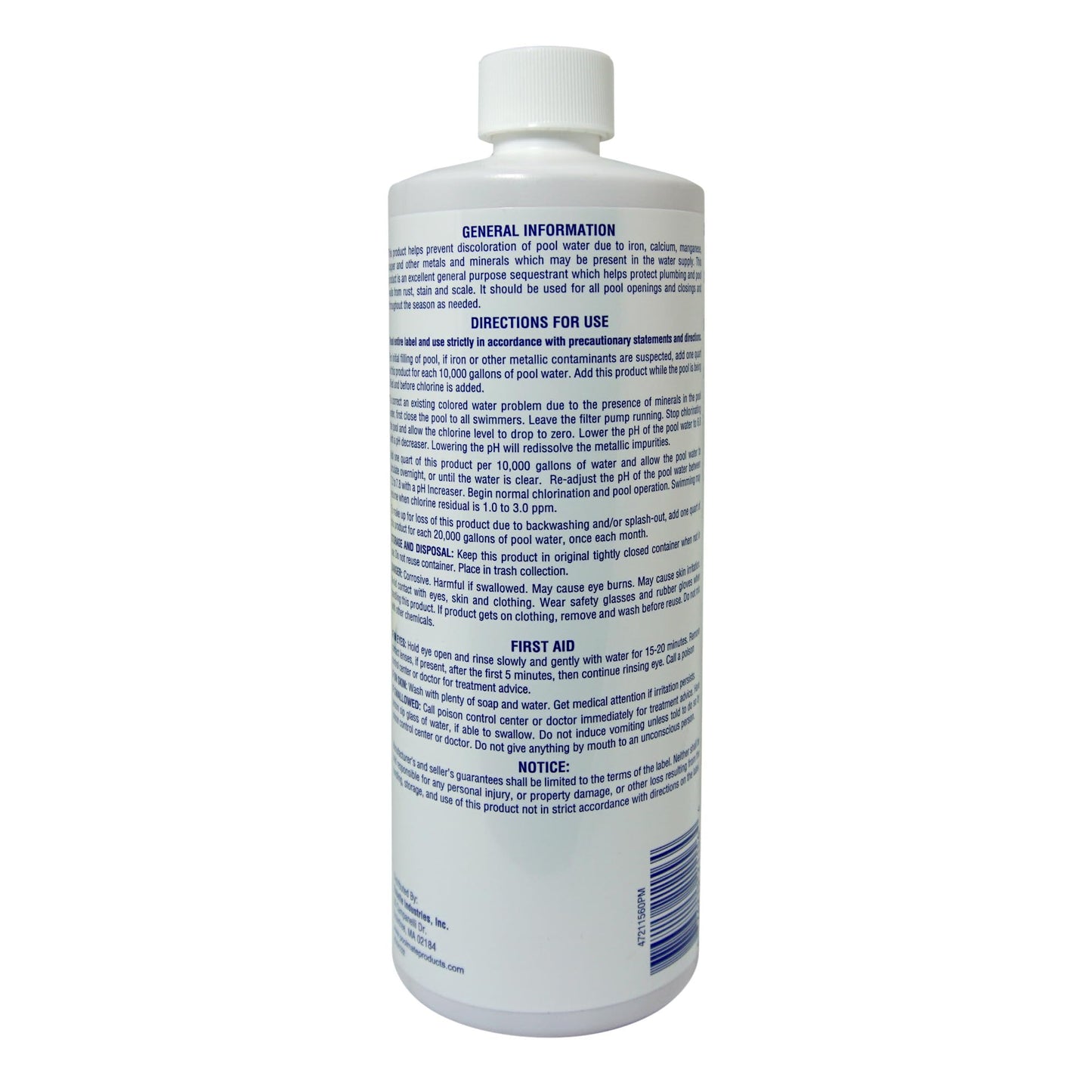 Pool Mate 1-Quart 2-Pack Concentrated Metal Out Stain and Mineral Inhibitor, Pool Metal Remover, Stain Remover, Made in USA