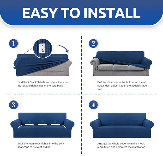 KEKUOU Stretch Single Sofa Slipcover 1 Piece Couch Sofa Cover (31"-55") Furniture Protector 1 Seater Sofa with Elastic Bottom for Kids,Pet.Jacquard Small Checked Pattern Fabric(Small,Classic Bluel)