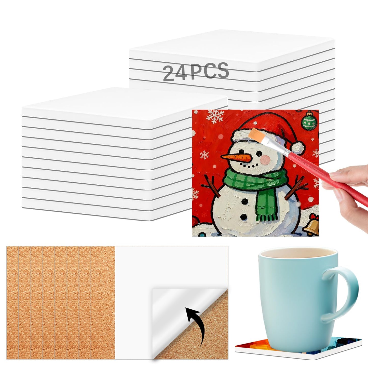 24 PCS Ceramic Tiles for Crafts 4x4 inches and self-Adhesive Cork mat,unglazed Ceramic Coasters for Crafts,Use with Alcohol Ink or Acrylic Pouring Make Your Own DIY Coasters