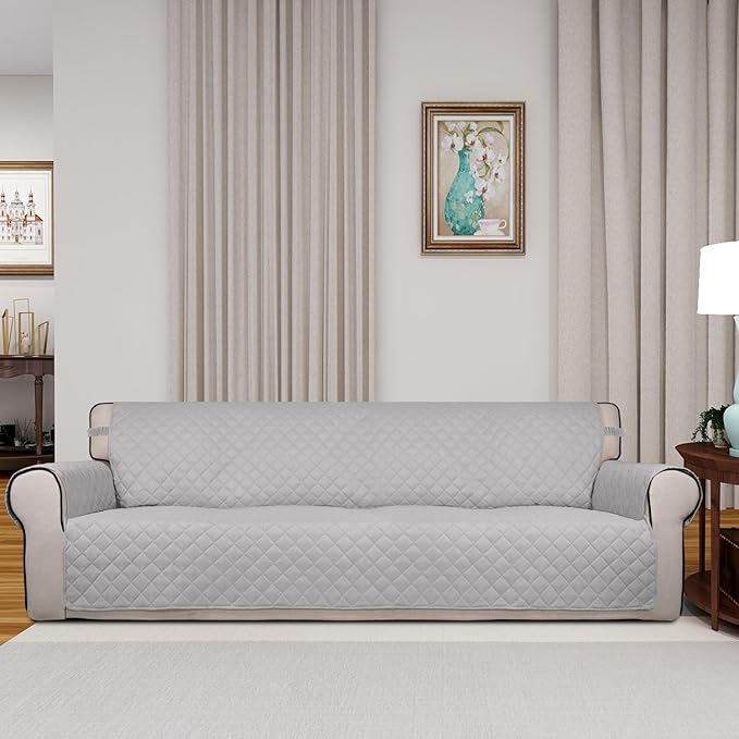 PureFit Reversible Quilted Sofa Cover, Water Resistant Slipcover Furniture Protector, Washable Couch Cover with Non Slip and Elastic Straps for Kids, Dogs, Pets (XX Large, Light Gray/Light Gray)