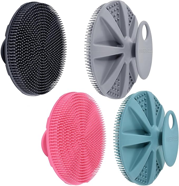 INNERNEED Food-Grade Soft Silicone Body Scrubber Shower Brush Handheld Cleansing Skin Brush, with Exfoliating Net Sponge Case (Pack of 4)
