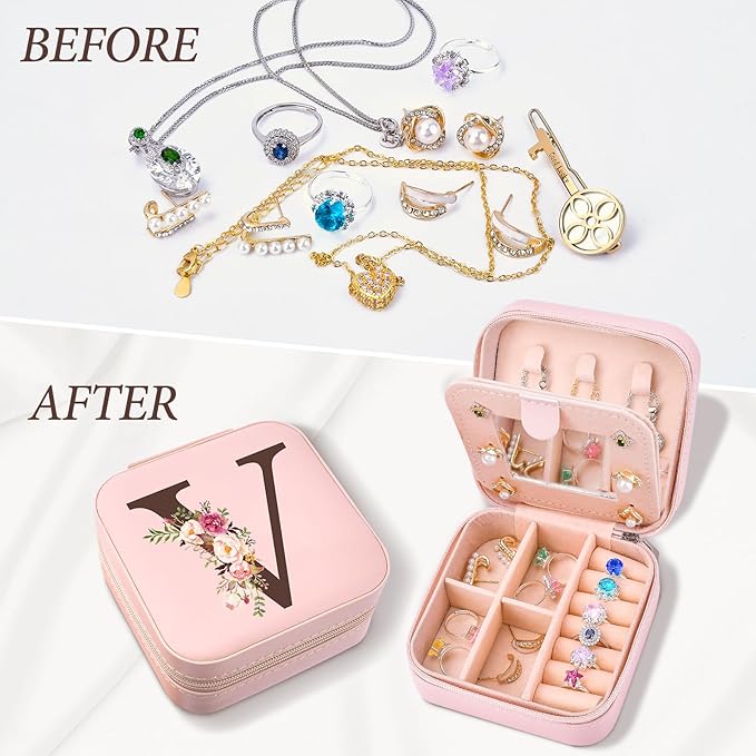 Small Travel Jewelry Case for Women, Initial Travel Jewelry Case Box Organizer Personalized Gifts, Fashion Travel Essentials Trendy Stuff for Teen Girls, Pink V