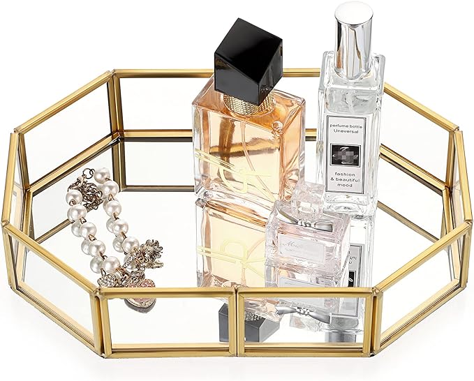 Hipiwe Mirror Glass Vanity Tray - Gold Ornate Makeup Tray Vintage Octagonal Perfume Tray Dresser Trays Jewelry Trinket Organizer for Bathroom Storage Trays for Home Decor