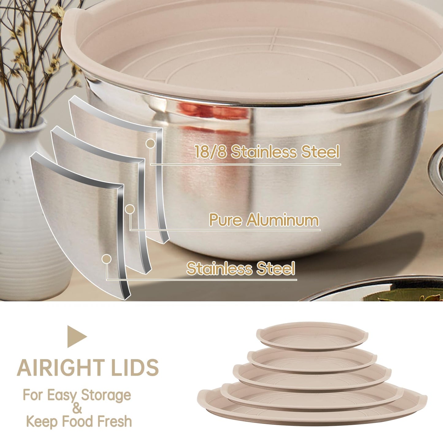 WEPSEN Mixing Bowls Set, 27PCS Khaki Mixing Bowls With Lids Set Stainless Steel Kitchen Large Nesting Metal Bowl 7QT to 1.5QT, Measuring Cups and Spoons for Prepping Cooking Serving
