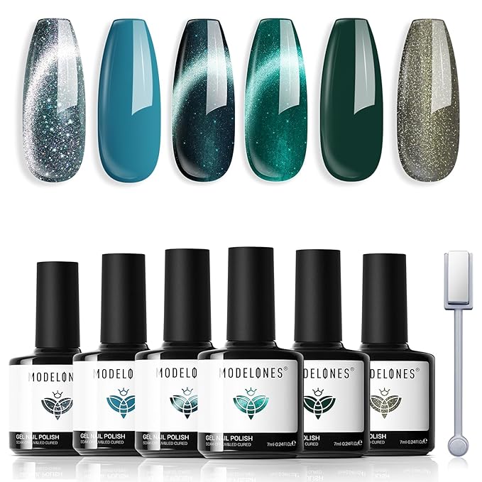 modelones Gel Nail Polish Set, 6 Colors 2026 Spring Summer Blue Green Cat Eye 9D Gel Polish Dark Green Sparkle Reflective Glitter Nail Polish with Magnet Soak Off LED Nail Art Kit DIY