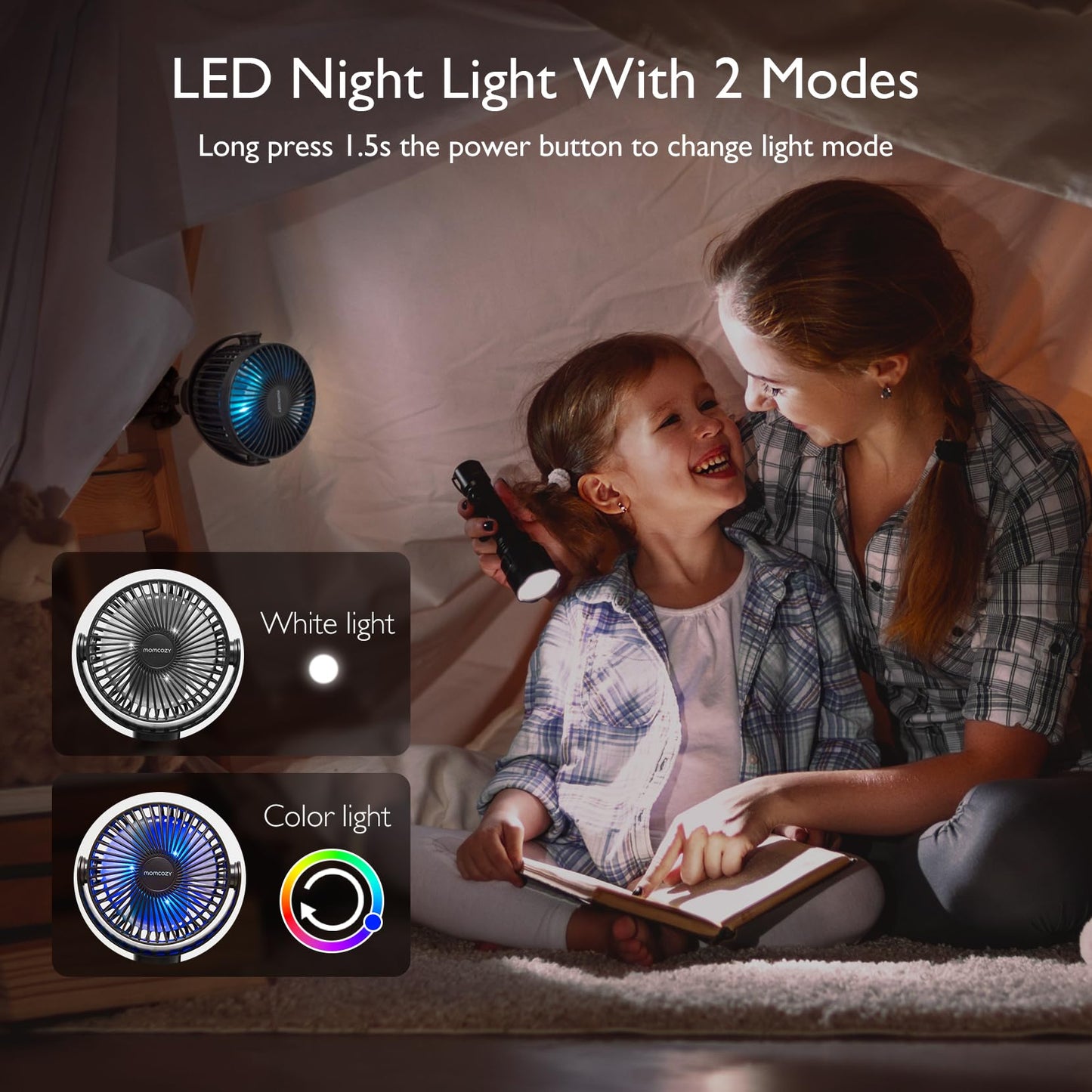 Momcozy 8000mAh Portable Stroller Fan | 27H Ultra-long Battery Life | Detachable 4 Speed 360°Rotate | 2 Modes LED Night Light, USB Rechargeable Handheld Cooling Fan for Travel, Car Seat, Bedroom