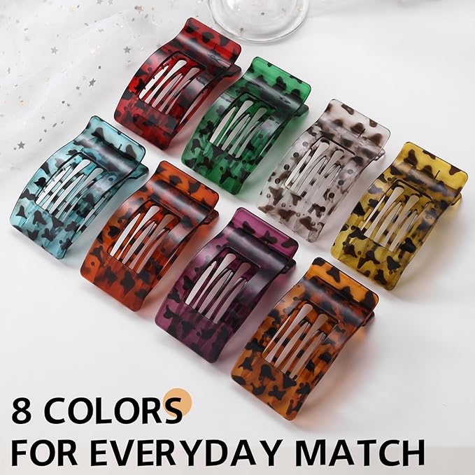 8 Pack French Flat Hair Clips for Women – Large Matte No-Slip Claw Barrettes for Thick & Thin Hair, Strong Hold Styling Accessories (Leopard)