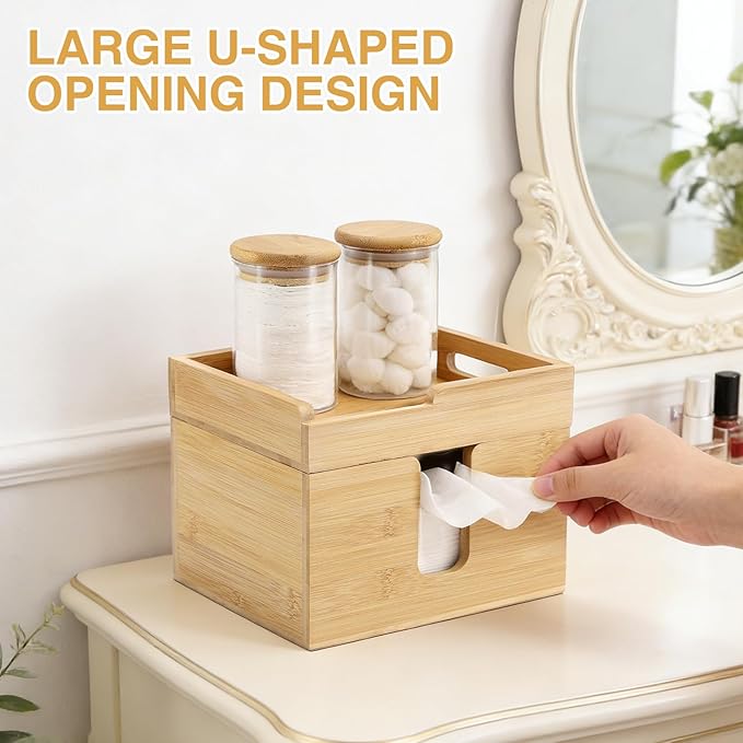 Bamboo Face Towel Holder with 120 XL Towels - Open-Top Skincare Organizer for Facial Cleansing Wipes & Beauty Essentials - Bathroom Countertop Vanity Organizer