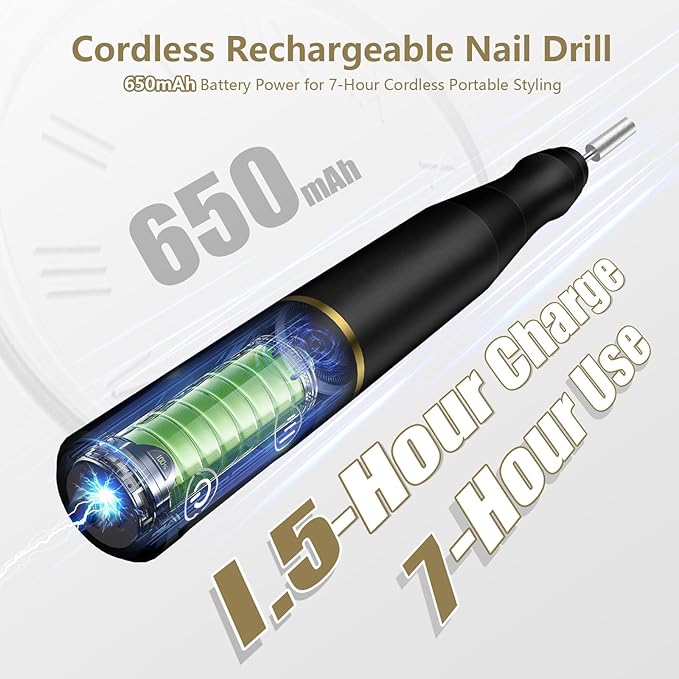 Cordless Nail Drill Electric Rechargeable File Kit, Professional Efile Acrylic Gel Nail Polish Remover Pedicure Manicure Machine Portable Set with 11 Bits 56 Sanding Bands for Salon Black