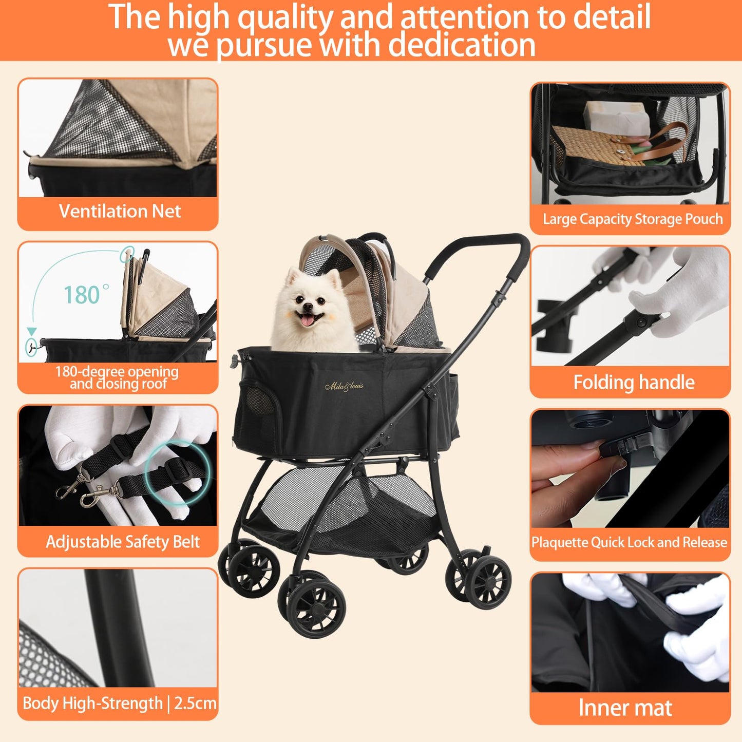 MILA&LOUIS Dog Stroller, 22" Pet Cradle for Small Dog, Pet Stroller with 4 Pu Wheels, 10Lbs Ultra-Light Dog&Cat Stroller for Small Pets, Max 22Lbs Capacity Detachable & Foldable Design with Cup Holder