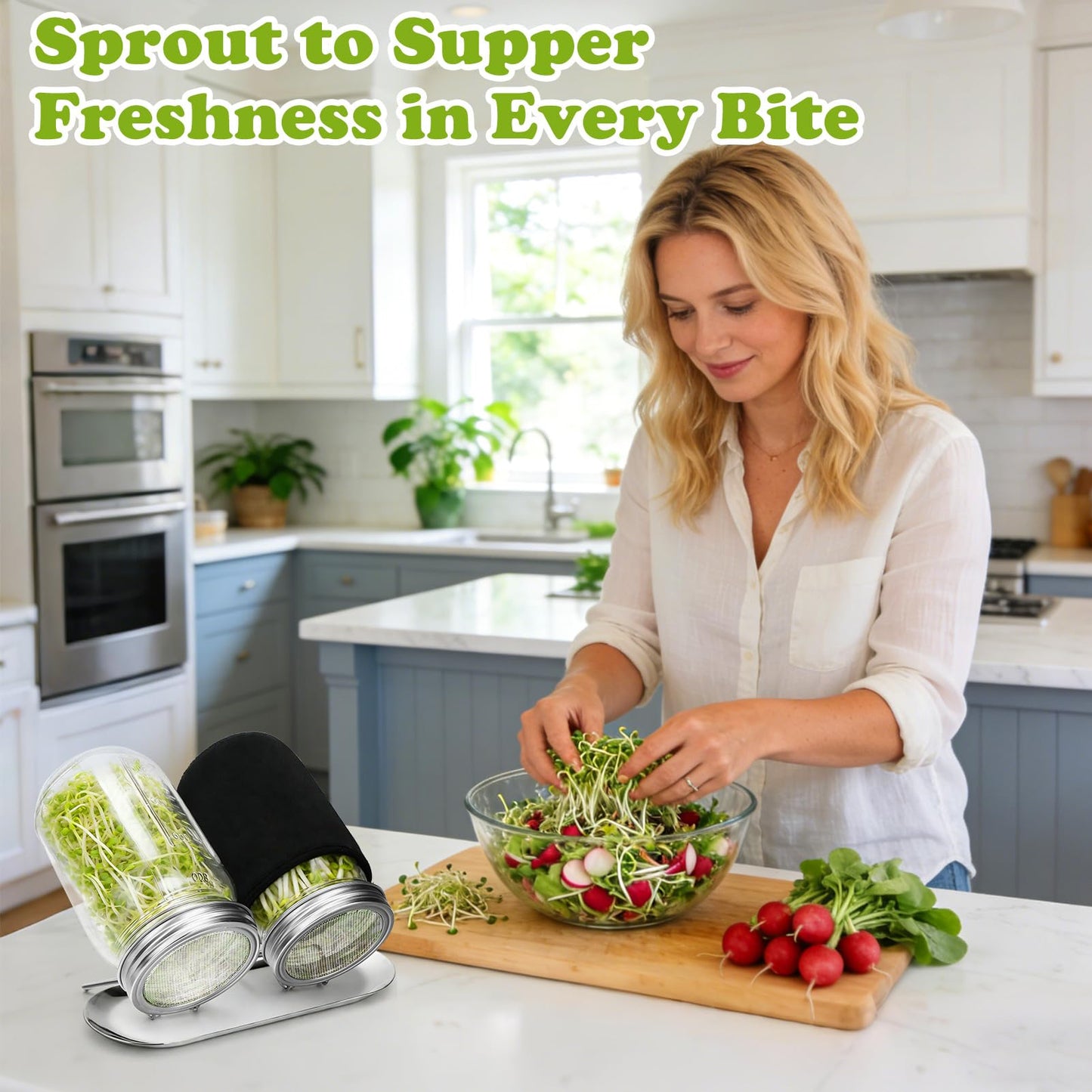 Palksky Sprouting Kit with Stainless Steel Screen Sprouting Lids & Glass Mason Jars & Light-Blocking Sleeves, 2Pack Premium Reusable Sprouts Growing Kit for Organic Broccoli Alfalfa Seeds Bean Sprouts