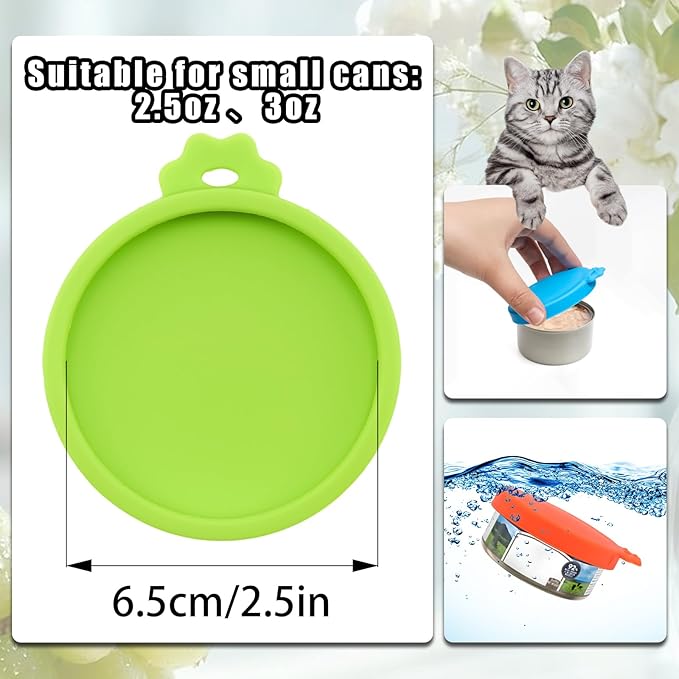 PINE & LINEN 4 Pcs 2.5inch Durable Pet Can Lids,Silicone Small Pet Can Covers Waterproof Cat Food Cans Lids for 3 oz Cat Food Cans（Sky Blue+Orange+Purple+Green）