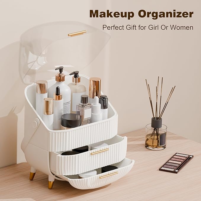 lurcns Makeup Organizers and Storage, Make up Organizer for Vanity Cosmetics Skincare Organizers With Lid and Drawers Display Cases for CountertopÃ¯Â¼ÂWhiteÃ¯Â¼Â