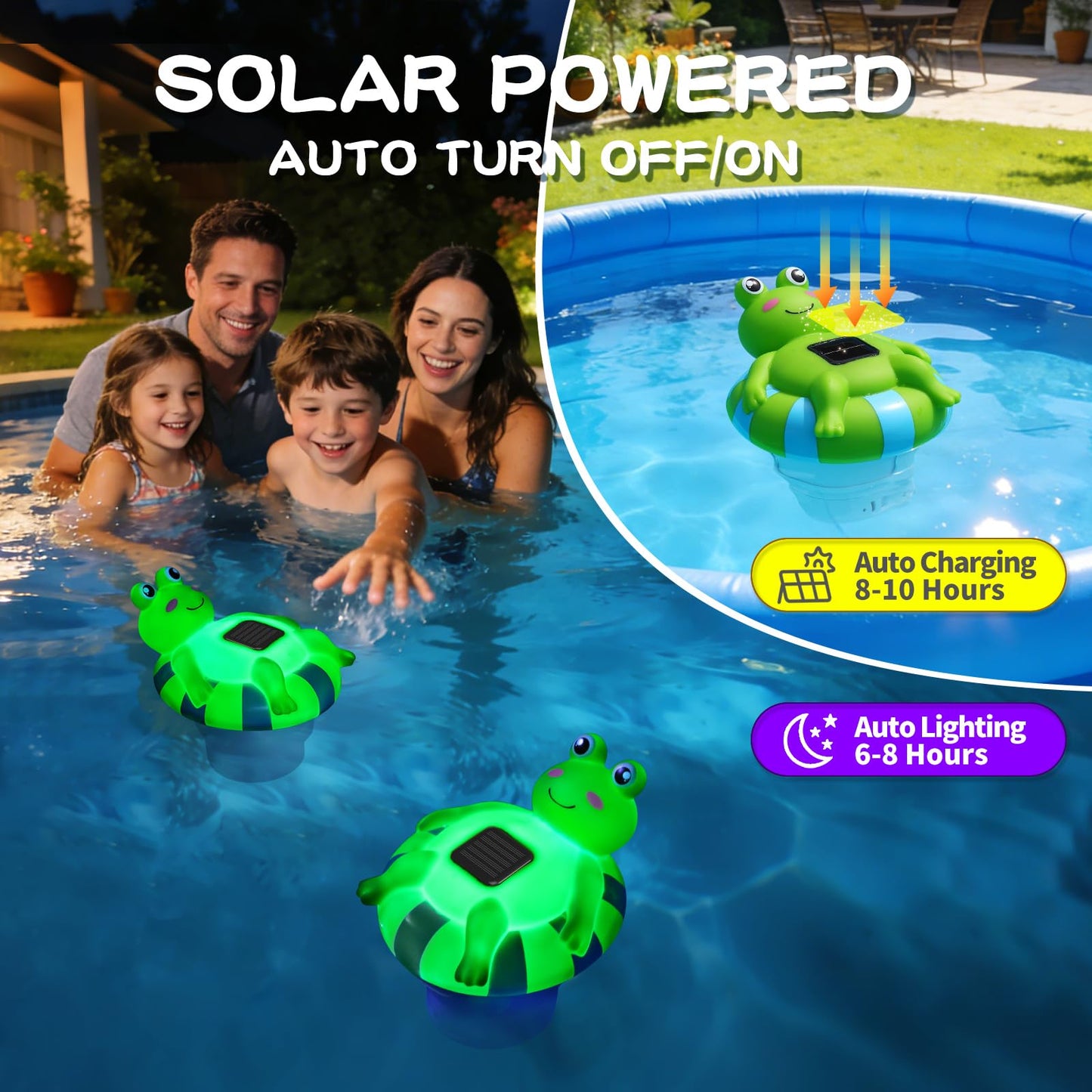 Blufree Pool Chlorine Floater, Frog Solar Chlorine Floater Glow in The Dark Fits 4x3'' Tablets, Adjustable Flow & Large Capacity Floating Chlorine Dispenser for Pool, Hot Tub Spa (Green, 9 in)