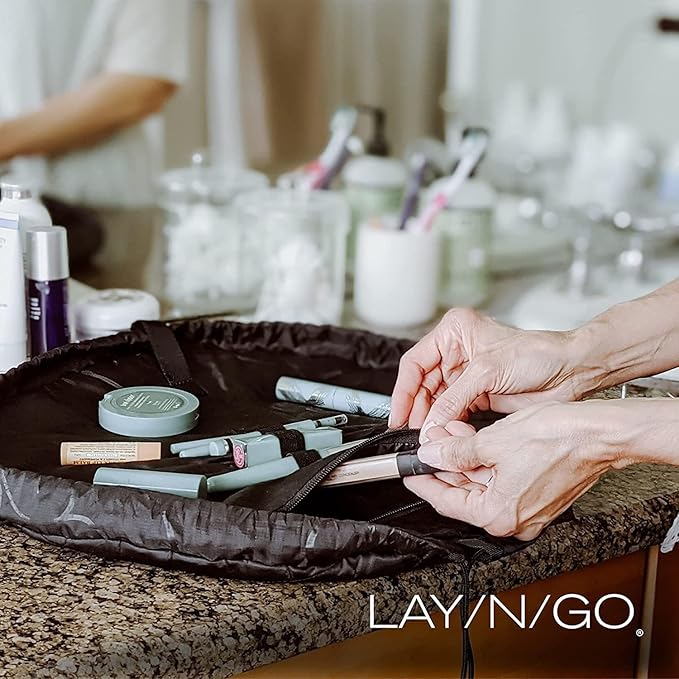 Lay-n-Go Cosmo Lay Flat Drawstring Cosmetic & Makeup Bag Organizer - Zipper Pocket, Brush Loops & Storage - Machine Washable, Toiletry Carrier for Travel, Cinch Closure, Gift (20", Sky Blue)
