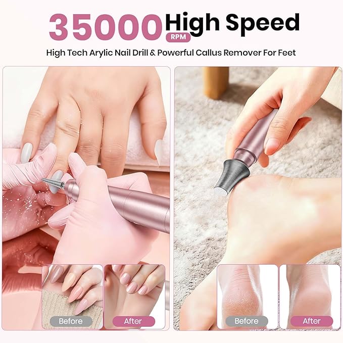 Cordless Nail Drill 35000RPM, Portable Electric Nail File for Acrylic Gel Nails, Professional Manicure Pedicure Kit, Rechargeable Pedicure Tools for feet with LCD Display, Low Noise Low Vibration