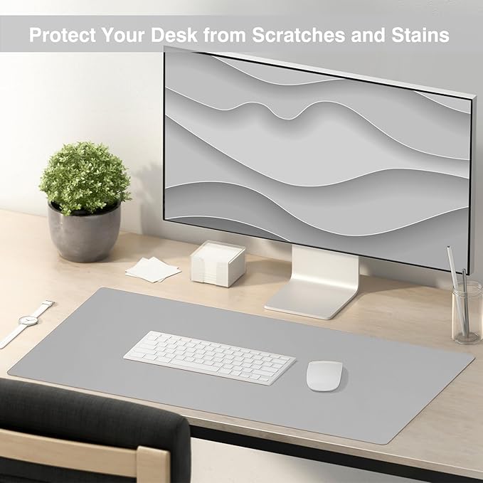 TOWWI Dual Sided Desk Pad, Large Desk Mat, Waterproof Desk Blotter Protector Mouse Pad, Leather Desk Pad Large for Keyboard and Mouse (24" x 14", Gray/Sliver)