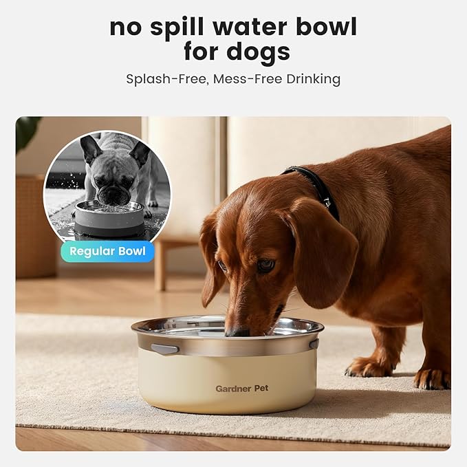 Gardner Pet Slow Water Bowl for Dogs, 2L/68oz Spill-Proof Pet Water Bowl with Floating Disk, Stainless Steel No-Spill Water Dispenser for Medium Pets
