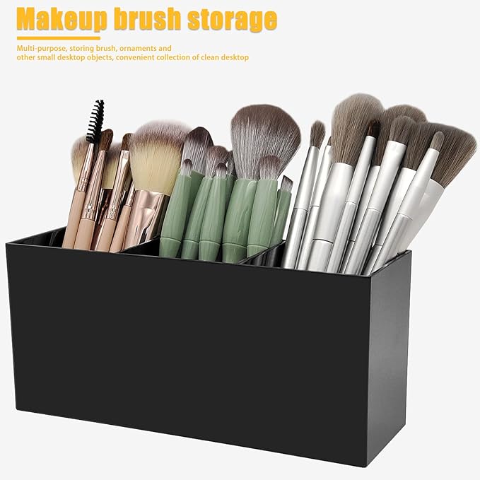 Black Makeup Brush Organizer,Acrylic Cosmetic Brushes Storage Holder with 3 Slots,Pencil Pen Holder for Desk,Desk Organizer and Accessories for Vanity