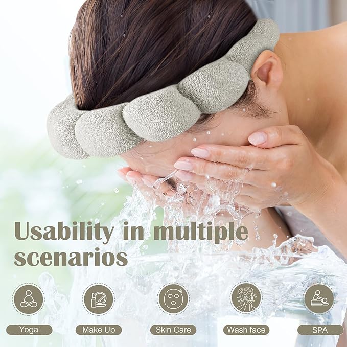 Ztomine Face Wash Headbands, Set of 2 - Terry Cloth Spa Headbands for Washing Face or Facial, Dark Khaki + Cement Ash