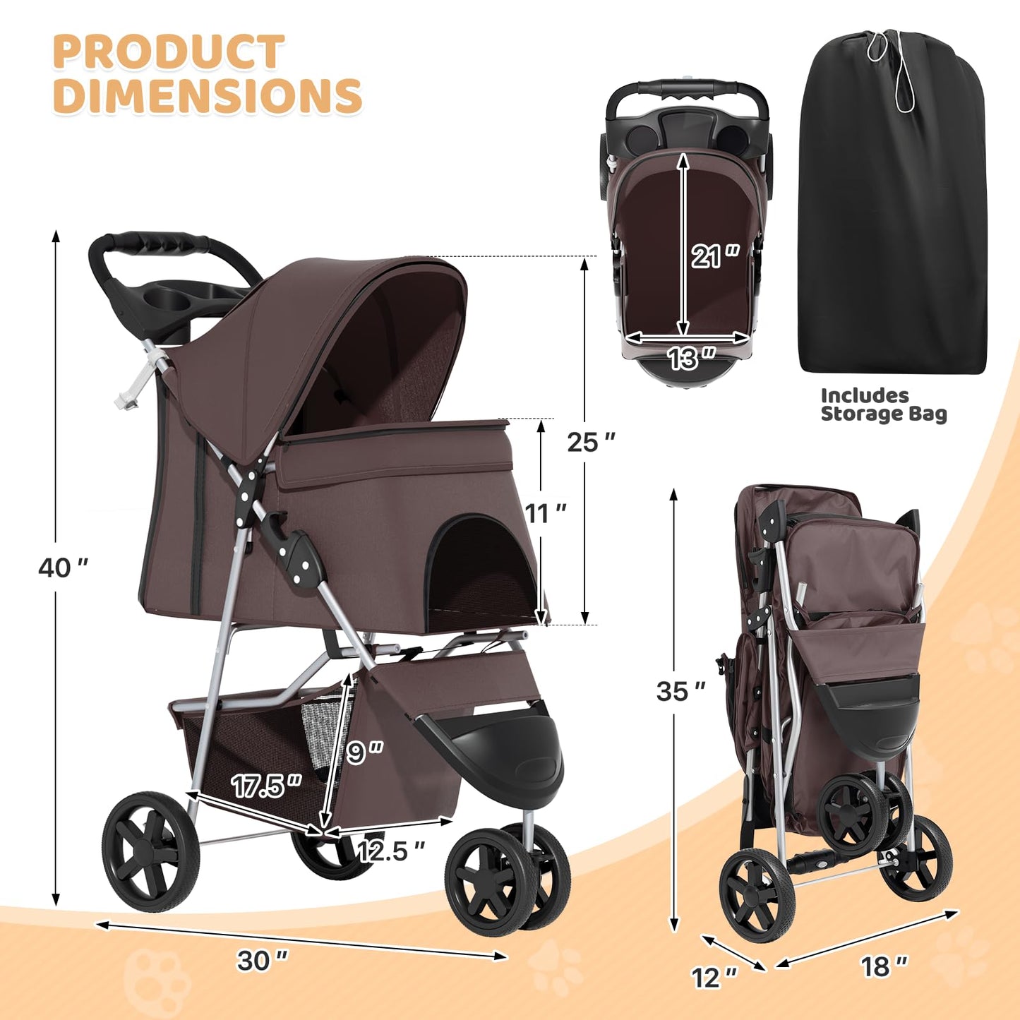 Magshion 3-Wheel Pet Stroller, Foldable Travel Jogger for Small & Medium Dogs & Cats (Up to 33lbs), Lightweight Carrier with Breathable Mesh Cover, Cup Holder & Storage Basket, Coffee