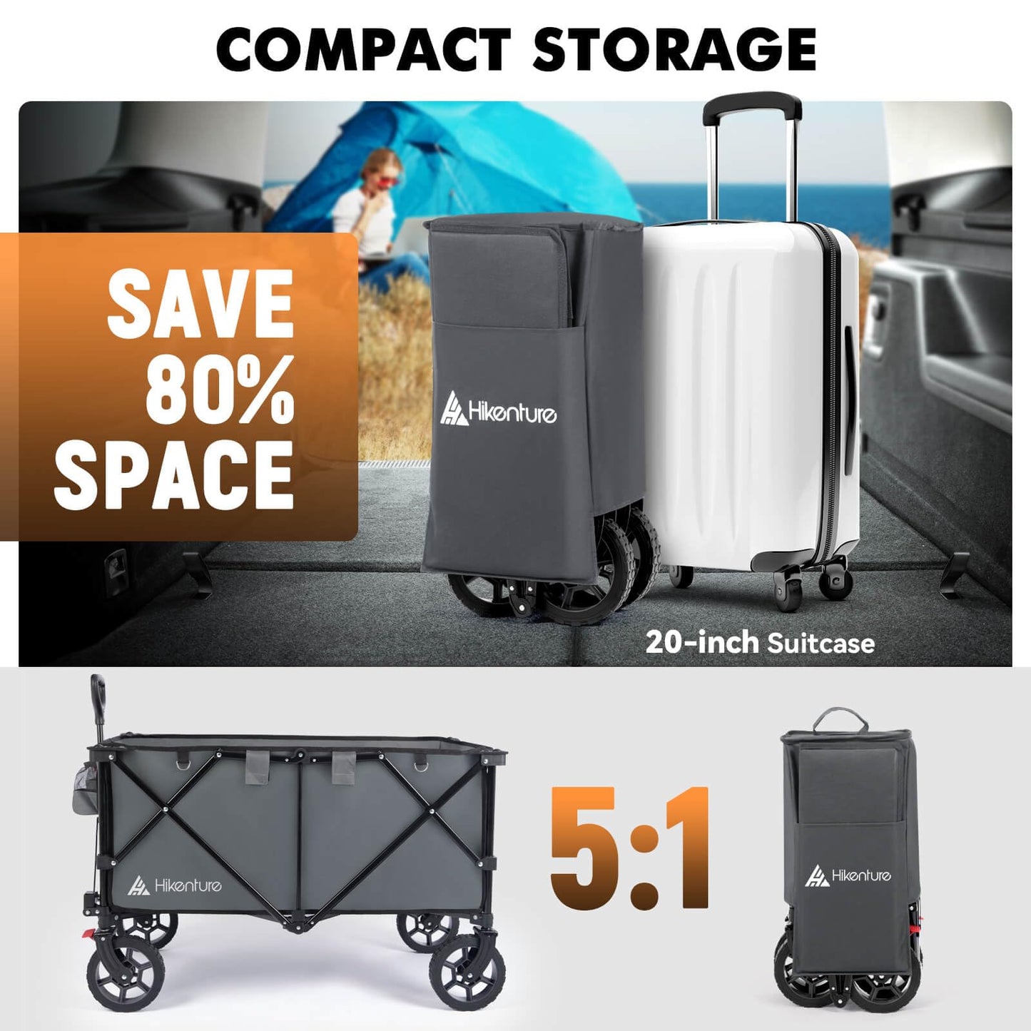 Hikenture Collapsible Wagon 330LBS Capacity, 200L Extra Large Wagons Carts Foldable, Heavy Duty Folding Wagon with All-Terrain Wheels, Utility Beach Wagons for Outdoor Garden