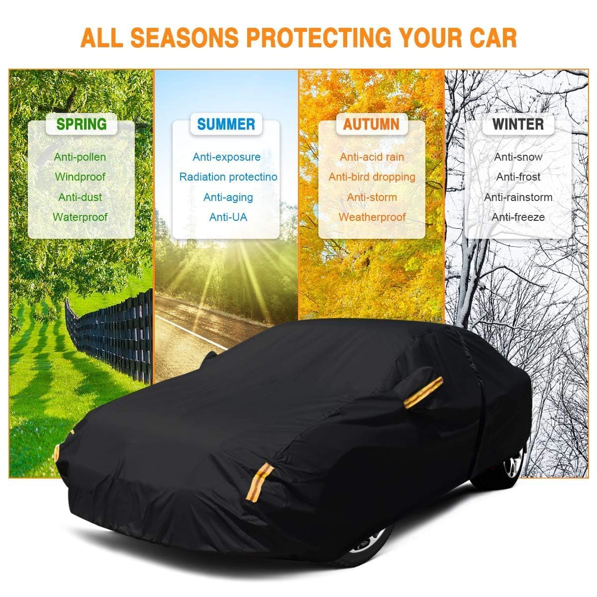 NEVERLAND Sedan Car Cover Waterproof Heavy Duty All Weather Protection Snow Anti-UV Windproof Outdoor Full Car Cover Fit for Automobiles BMW/Mercedes-Benz/Honda（for Car Size:196''L x 72''W x 59''H）