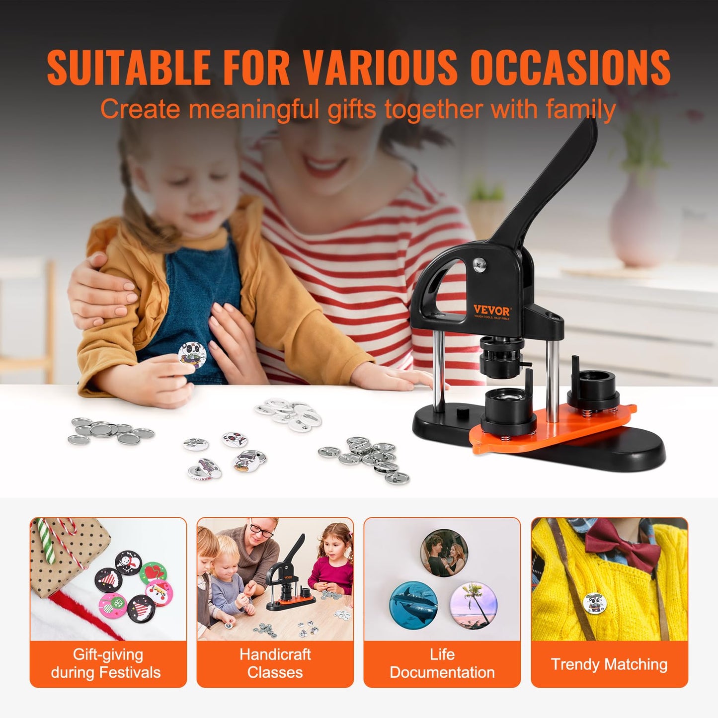 VEVOR Button Maker Machine, 25mm/1 inch Button Maker with 500pcs Button Parts, Ergonomic Arc Handle Punch Press Kit, Pin Maker with Panda Magic Book, for Children DIY Gifts and Christmas