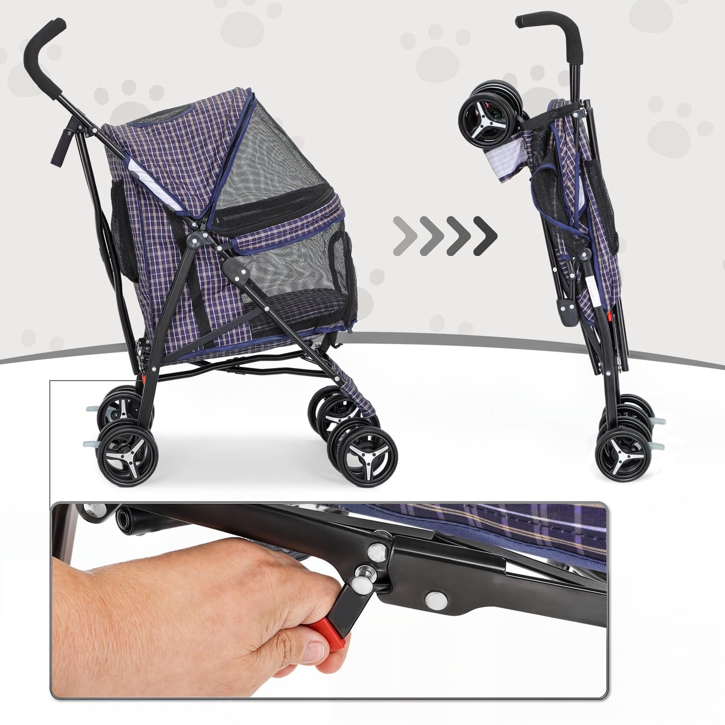 MoNiBloom 4 Wheels Pet Stroller, Easy-Fold Umbrella Shaped Dog Cat Jogger Stroller w/Storage Bag & Visible Mesh for Small/Medium Dogs Cats Plaid