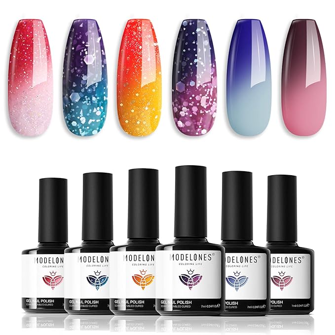 modelones Color Changing Gel Nail Polish Set, 6 Colors 2026 Red Pink Glitter Blue Purple Mood Temperature Change Nail Polish Gel Set Soak Off Nail Art Gel DIY Salon Manicure Gift