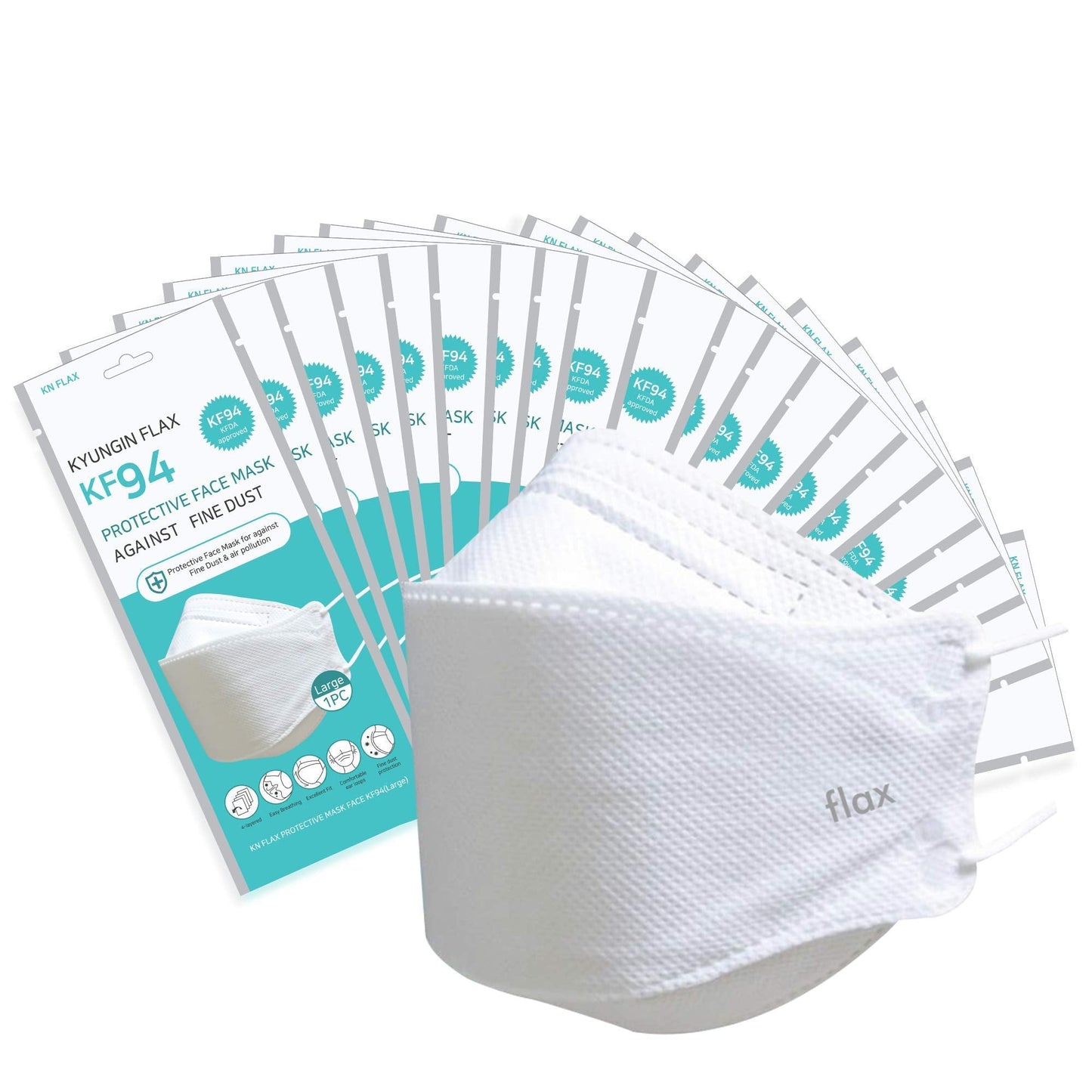 KN FLAX KF94 Masks For Adults - Face Protective Mask (White) [Made in Korea] [20 Individually Packaged] Premium KF-94 Certified Face Safety White Face Mask Dust [English Packing]