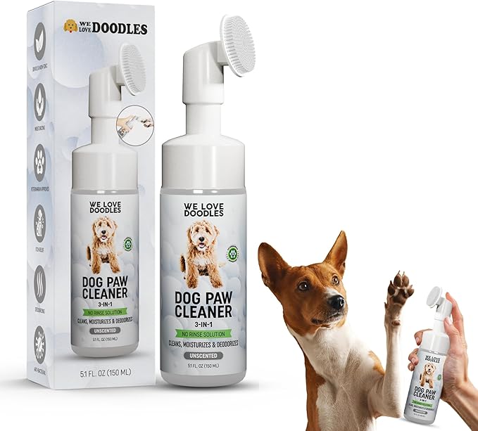 No-Rinse Dog Paw Cleaner with Built-in Silicone Bristle Brush | 3-in-1 Dirty Paw Washer Foaming Foot Cleaner for Muddy Pet Dogs & Cats | Gentle Moisturizing Waterless Shampoo - Unscented | 5 fl oz