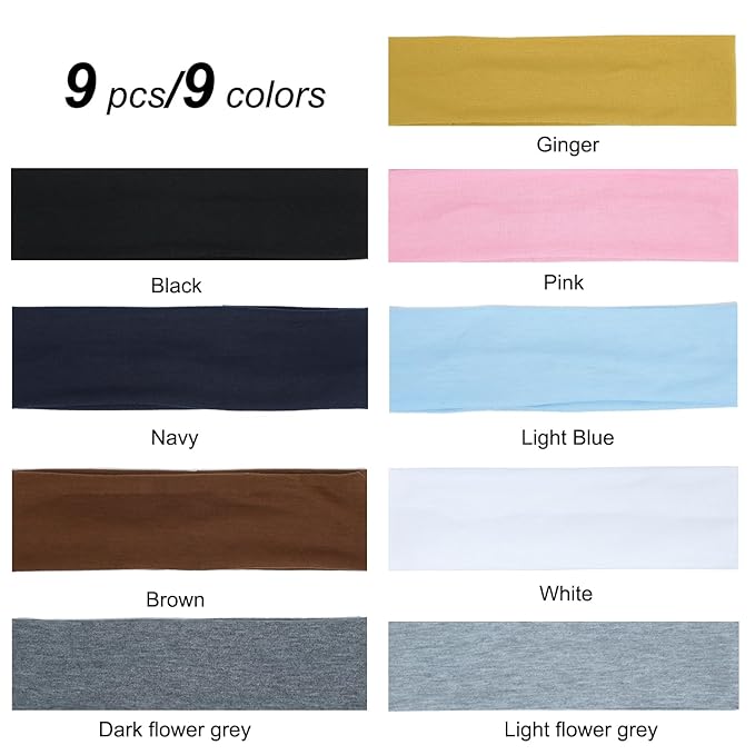 9Pcs Headbands for women Non Slip Headband, Soft Elastic Hair Bands for Women's Hair, Fashion Cotton Cloth Stretchy Sweat Bands Headbands for Sports, Makeup, Gym, Running, Yoga, Workout (9Colors-A)