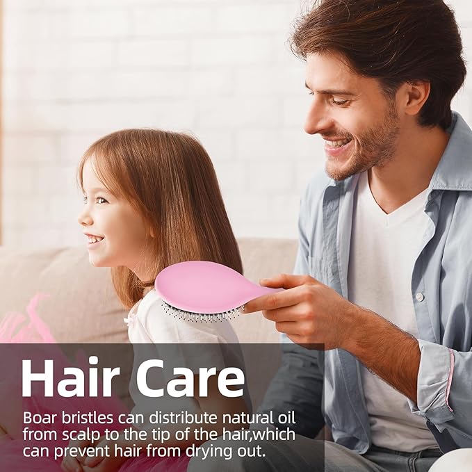 Boar Bristles Hair Brush for Women and Men, Detangling Hair Brush for Smoothing Massage Add Shine, Nylon&Boar Bristles Detangler brush for Hair Healthy (1 Pcs-Pink&White)