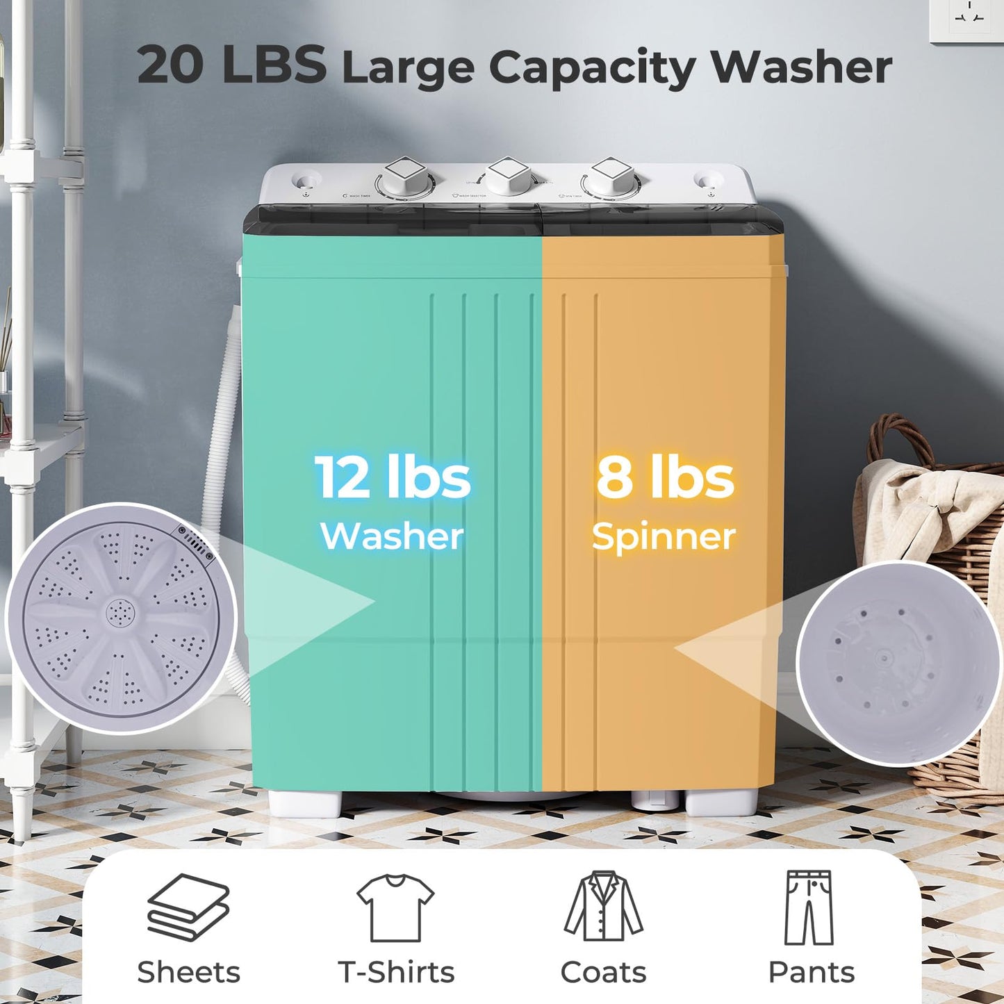 Giantex Washing Machine, 20Lbs Capacity, Washer and Spinner Combo, Portable Compact Twin Tub 12Lbs Washing and 8Lbs Spinning, Inlet and Drain Hose, Laundry Washer for Apartment RV Dorm