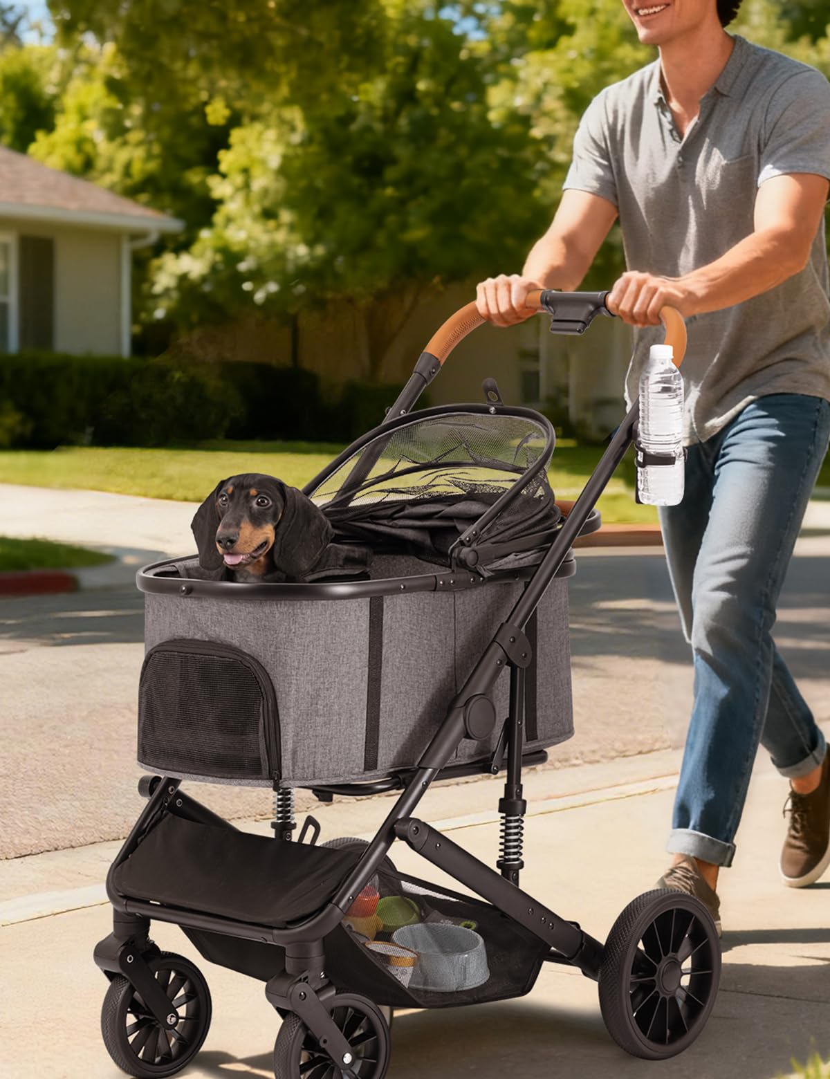 SUNTHX Dog Stroller for Small Medium Dogs Up to 60lbs, 4 Wheels Folding Pet Stroller with Detachable Carrier, Pet Travel Carrier for 2 Dogs & Cats, Storage Basket, Breathable, Grey