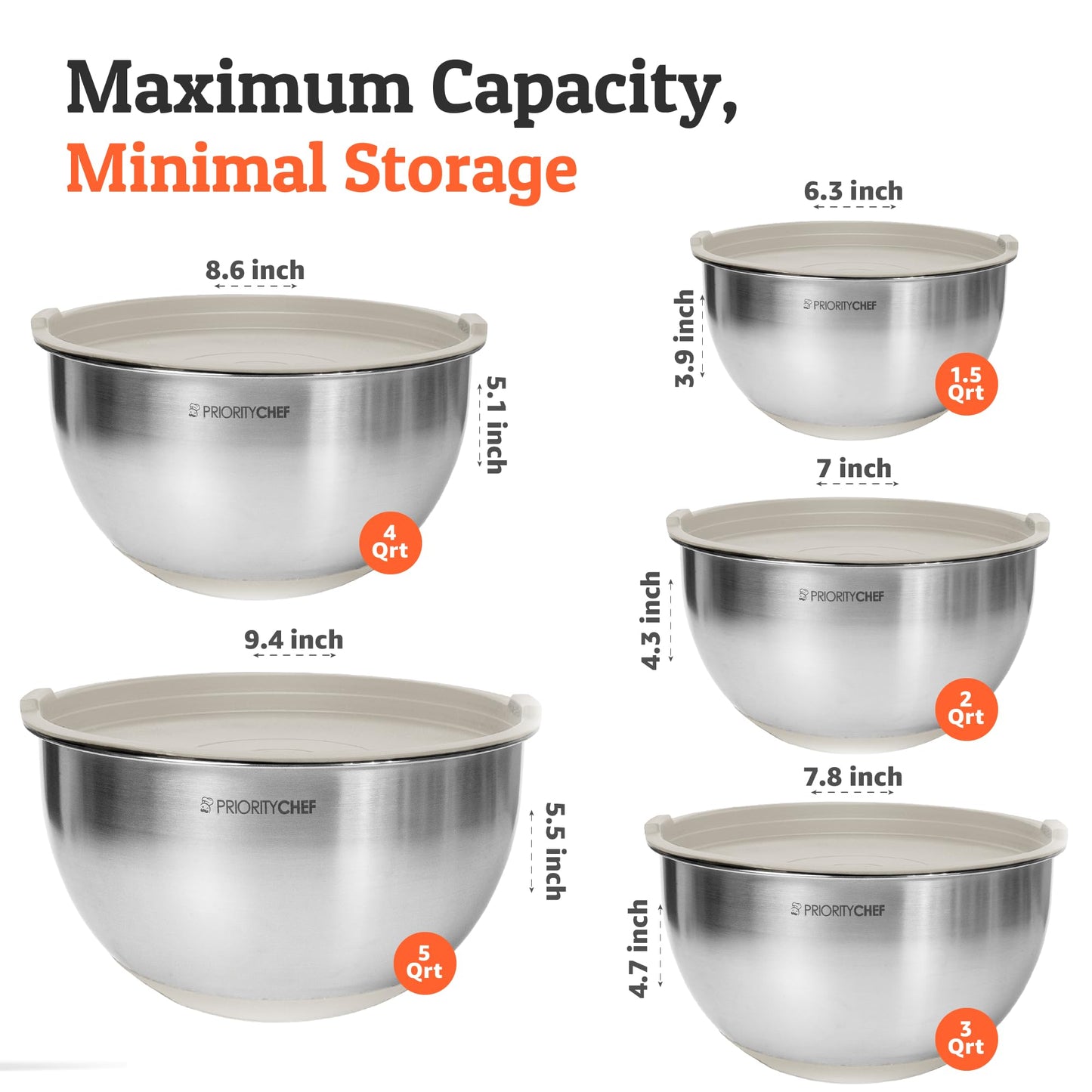 Priority Chef Premium Mixing Bowls With Airtight Lids Set, Thicker Stainless Steel Mixing Bowl Set, Large Prep Metal Bowls with Lids, Nesting Bowls for Kitchen, 1.5/2/3/4/5 Qrt, Khaki
