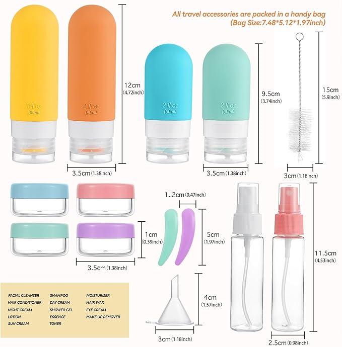 Travel Bottles Kit (16 Pack) - TSA Approved, Leak Proof Silicone Squeezable Containers for Toiletries. Complete Set with Jars, Sprayers & Bag (White)