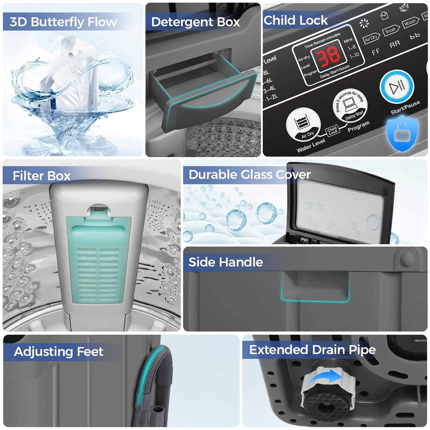 Nictemaw Portable Washing Machine, 20.5Lbs Capacity Full-Automatic Portable Washer Machine, 2.8Cu.ft Washer and Dryer Combo with 10 Programs & 8 Water Levels Laundry Machine for Apartments-Glass Cover