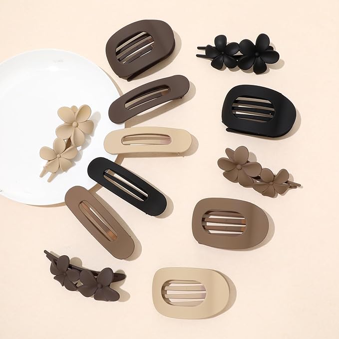 12 Pack Flat Hair Clips for Women-3 Styles Matte Neutral Flat Claw Clips, Black, Blonde,Light Brown & Dark Brown, French Duckbill Styling Accessories (Matte Neutral-5)