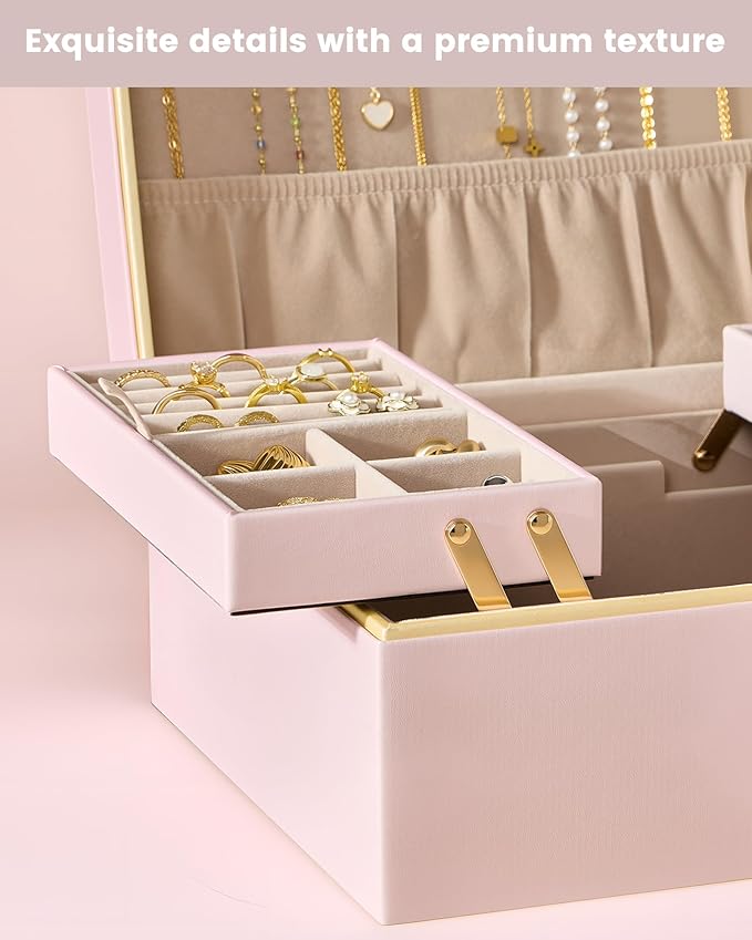 Lolalet Jewelry Box Organizer for Women Girls, 2 Layer Jewelry Organizers and Storage for Necklace Earrings Rings Bracelets, Large Jewellery Holder Case Birthday Valentine Gifts -Pink