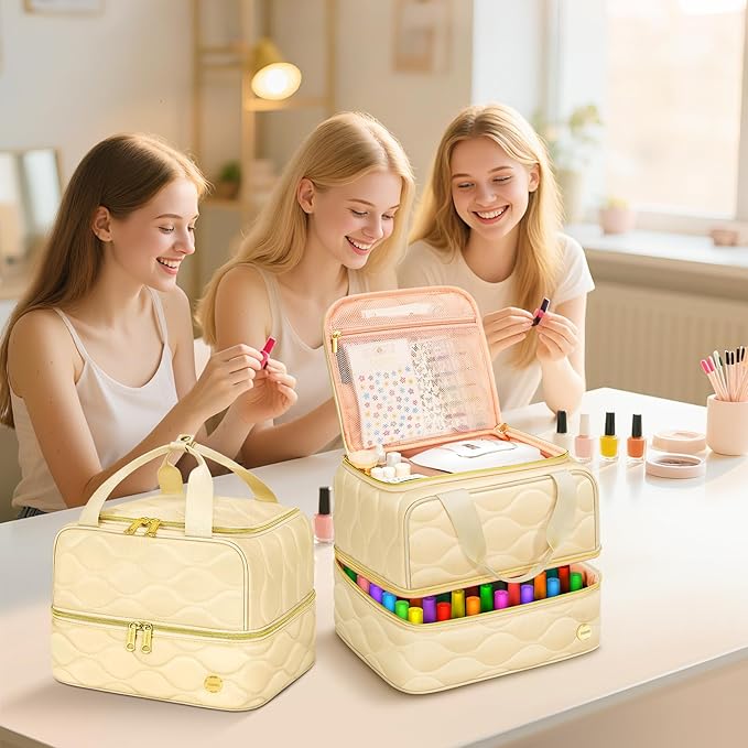 YOREPEK Nail Polish Organizer Case Holds 42+ Bottles (15ml/0.5 fl.oz), 2-Layer Nail Kit Bag with Compartments for Nail Supplies, UV Lamp, Nail Tech Organizers and Storage for Manicure Tools, Beige