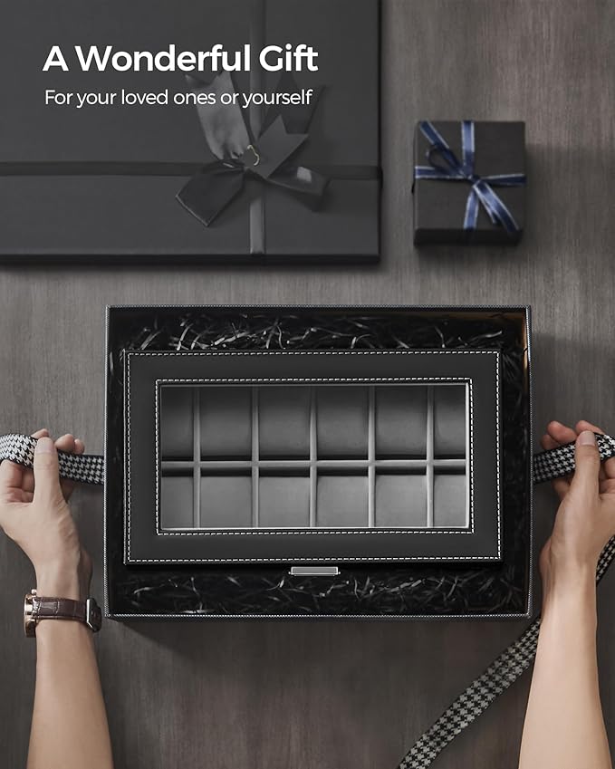 SONGMICS Watch Box, 12-Slot Watch Case Organizer with Large Glass Lid, 2 Layers, Removable Pillows, Metal Lock, Gift for Loved Ones, Black Synthetic Leather, Gray Lining UJWB012