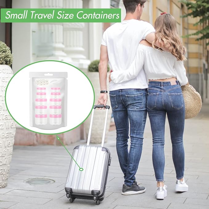 10pcs Small Travel Containers, Pink Sample Containers with Screw Lids, 5 Size 3/5/10/15/20 Gram Sample Jars with 12pcs Labels and 2pcs Mini Disposable Spatula, Makeup Sample Containers BPA Free
