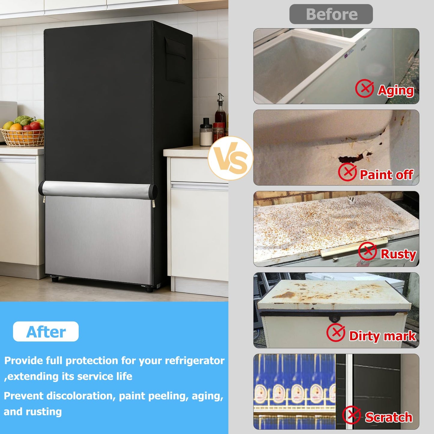 Dalema Outdoor Refrigerator Cover,600D Heavy Duty 100% Waterproof Upright Freezer Cover,Outside Stand Up Fridge Covers.Front Can Be Rolled-Up by Zippers.(Black,30" W x 33" D x 62" H)