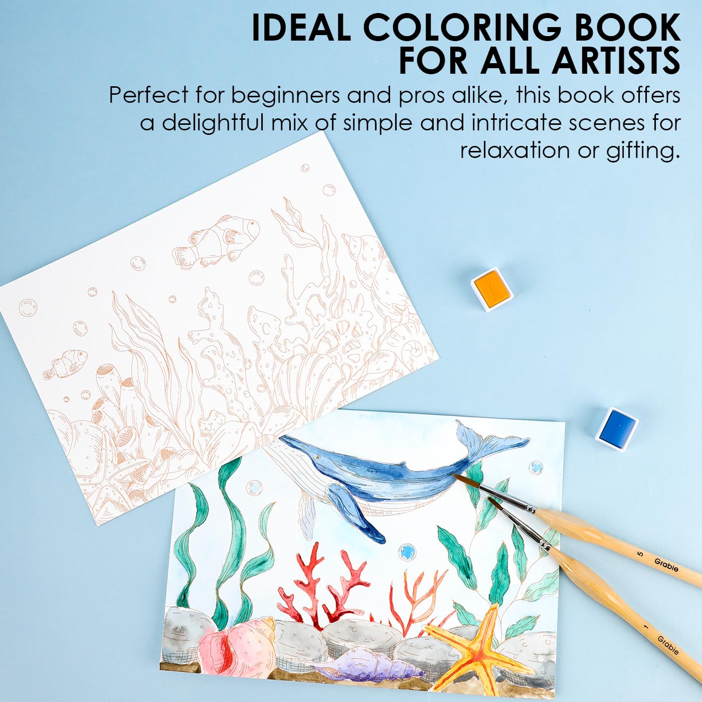 Grabie Watercolor Coloring Book, 15 Sheets A5 (8.3 x 5.8),Watercolor Book for Adults: Ignite Your Artistic Expression on 100% Cotton Paper (Ocean)